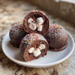 Close-up of chocolate hot chocolate bombs filled with marshmallows and colorful sprinkles on a white plate.