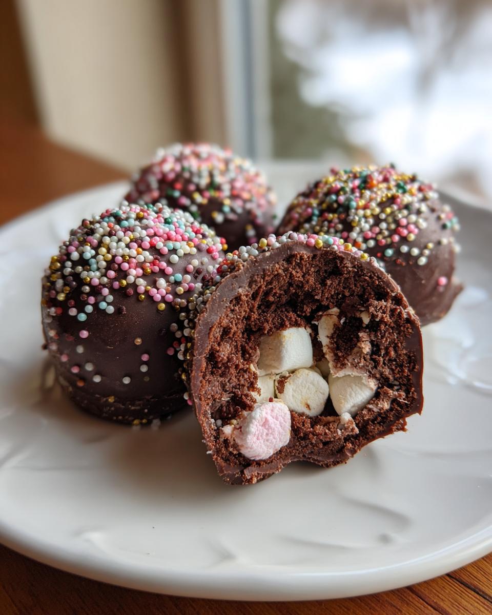 A close-up of delicious hot chocolate bombs, one cut in half to reveal marshmallows inside, topped with colorful sprinkles.