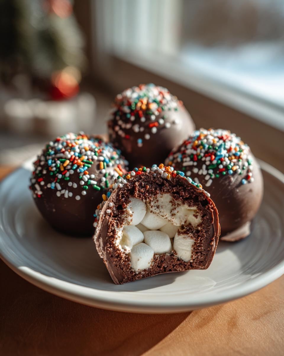 A close-up of hot chocolate bombs topped with colorful sprinkles, one is broken open to reveal marshmallows inside.