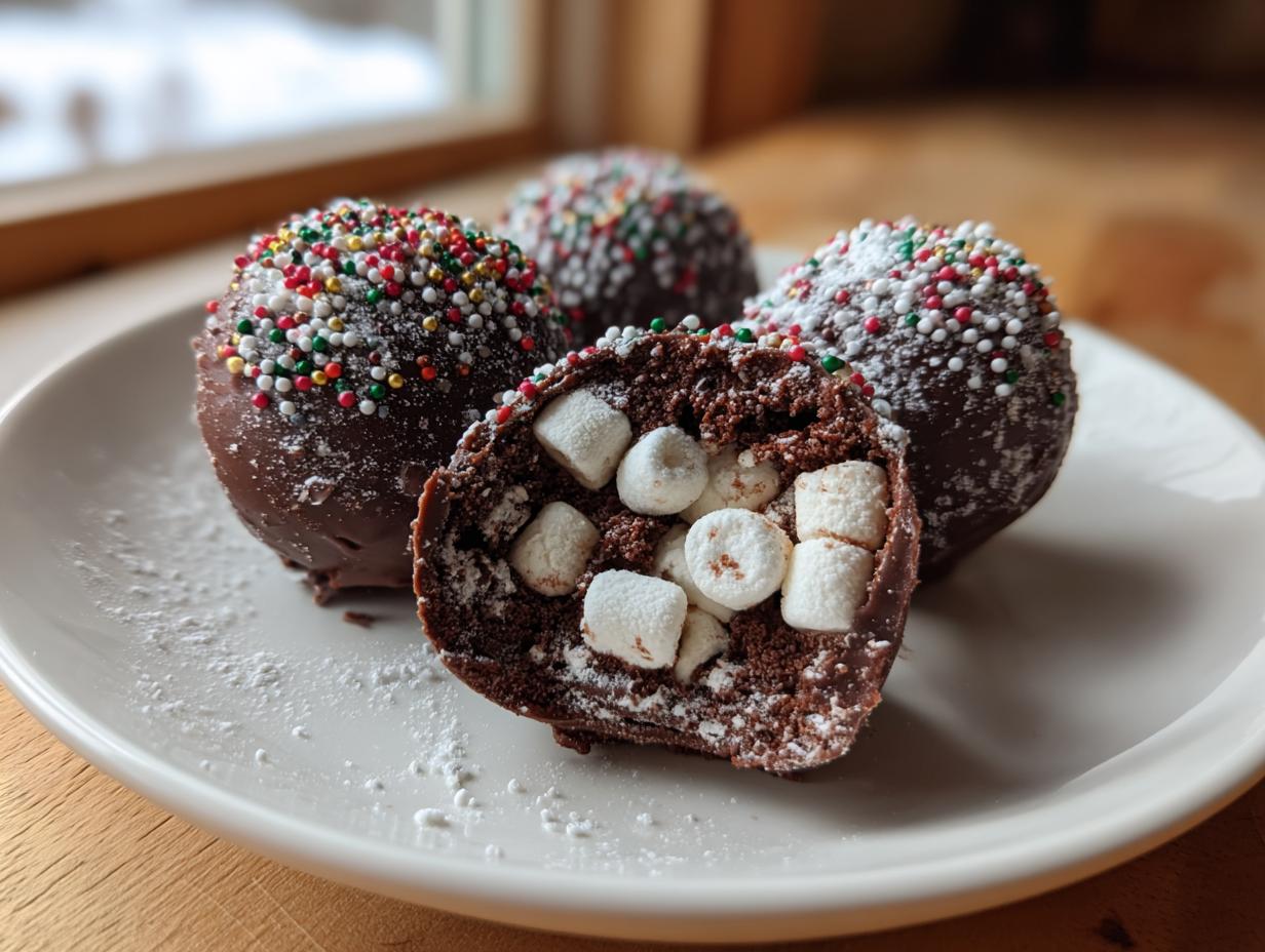 A close-up of festive hot chocolate bombs, one cut open to reveal mini marshmallows inside.