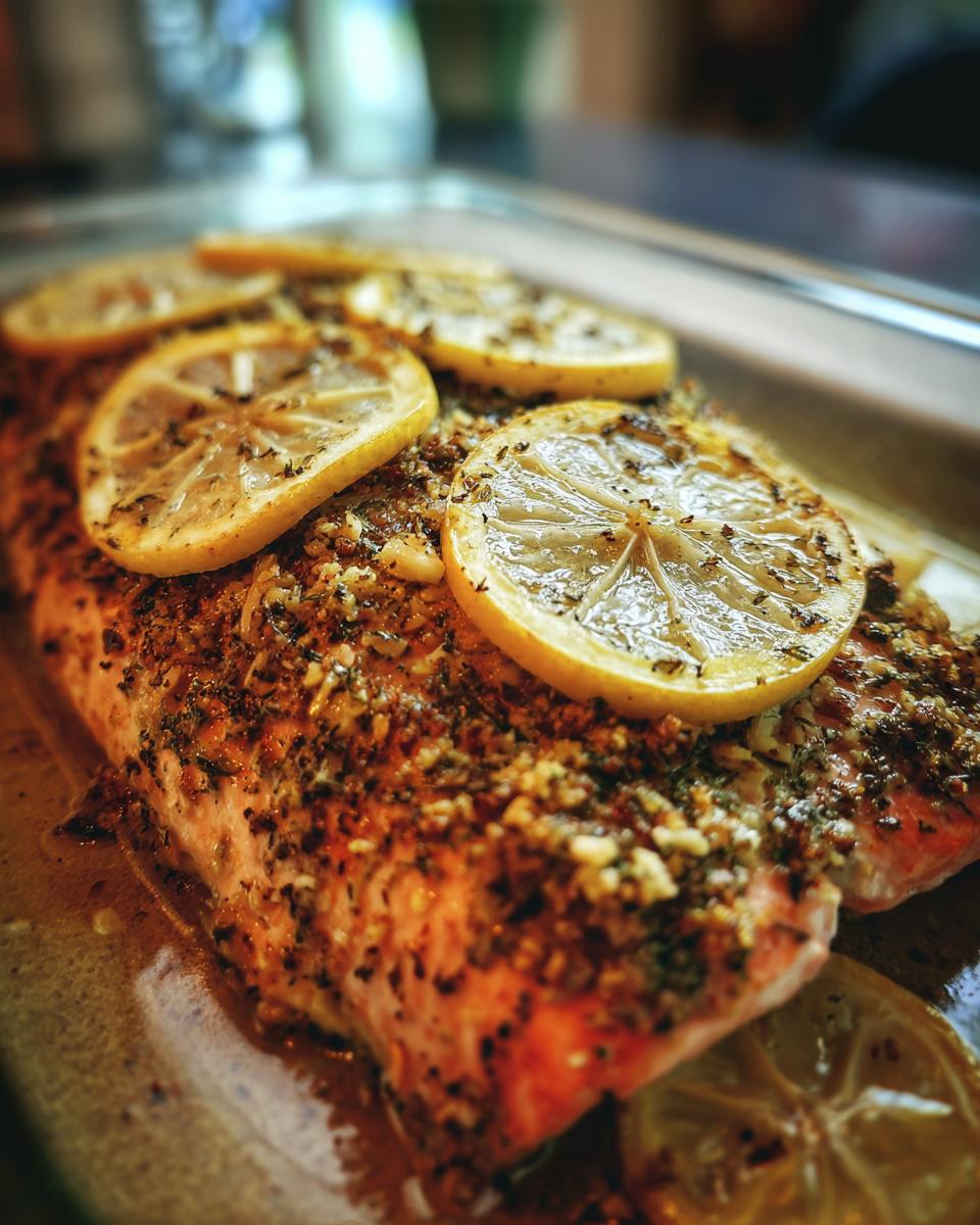 Close-up of a juicy baked salmon fillet topped with lemon slices and herbs.