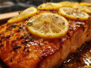 Close-up of a juicy baked salmon fillet topped with thin lemon slices and herbs.