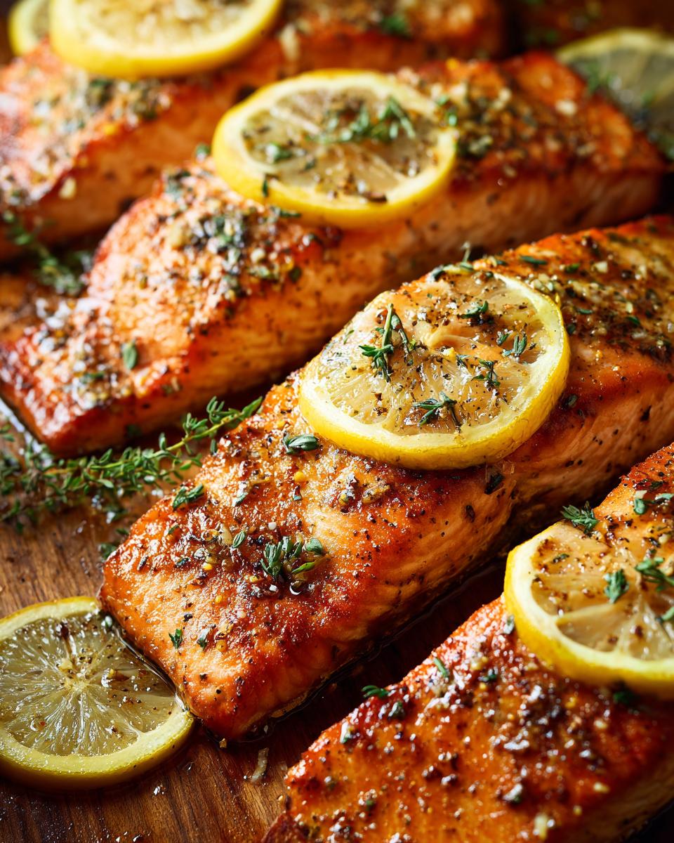 Close-up of perfectly baked salmon fillets topped with lemon slices and fresh herbs.