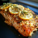 A close-up of a perfectly baked salmon fillet topped with lemon slices and fresh rosemary sprigs.