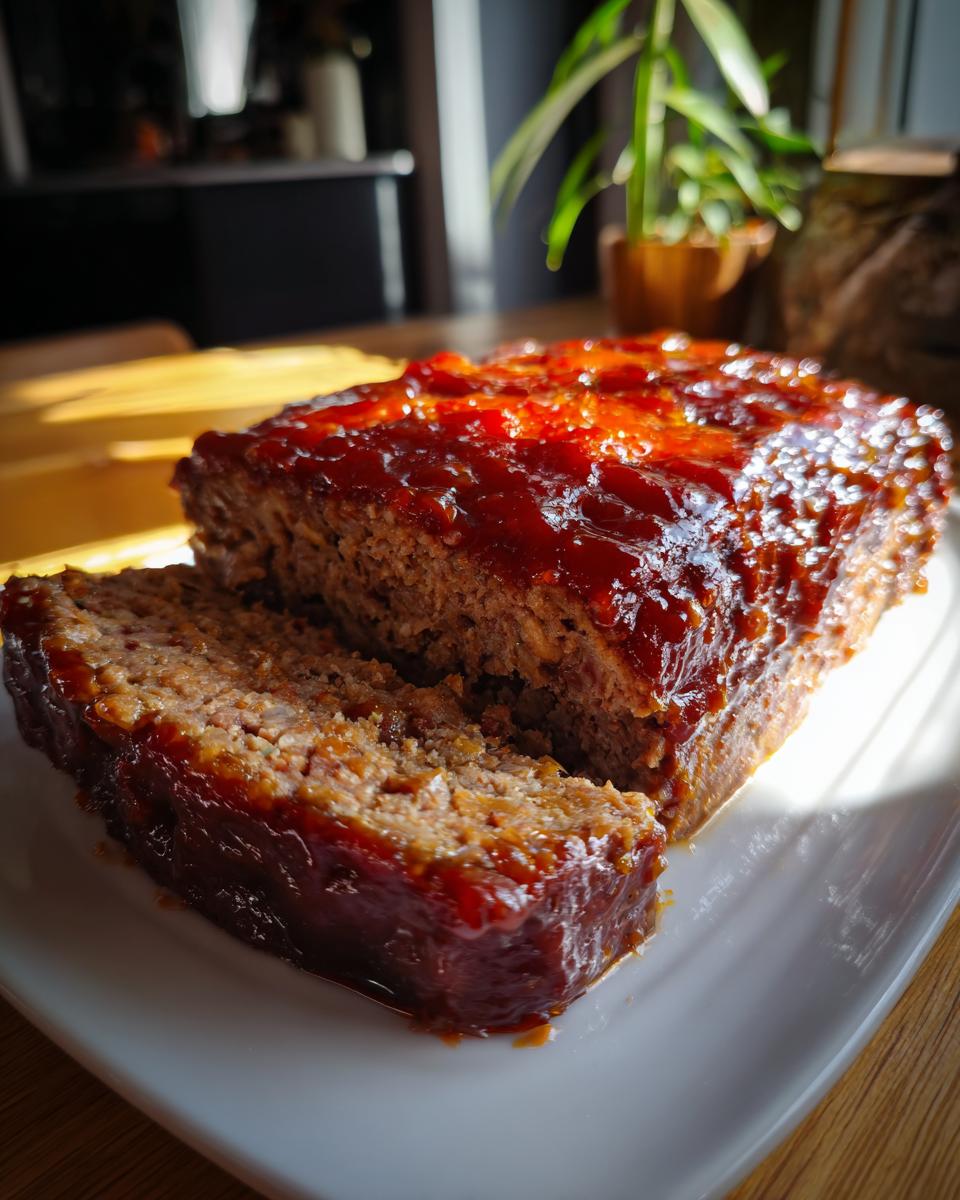 A close-up of a slice of juicy meatloaf topped with a glossy glaze, ready to be served.