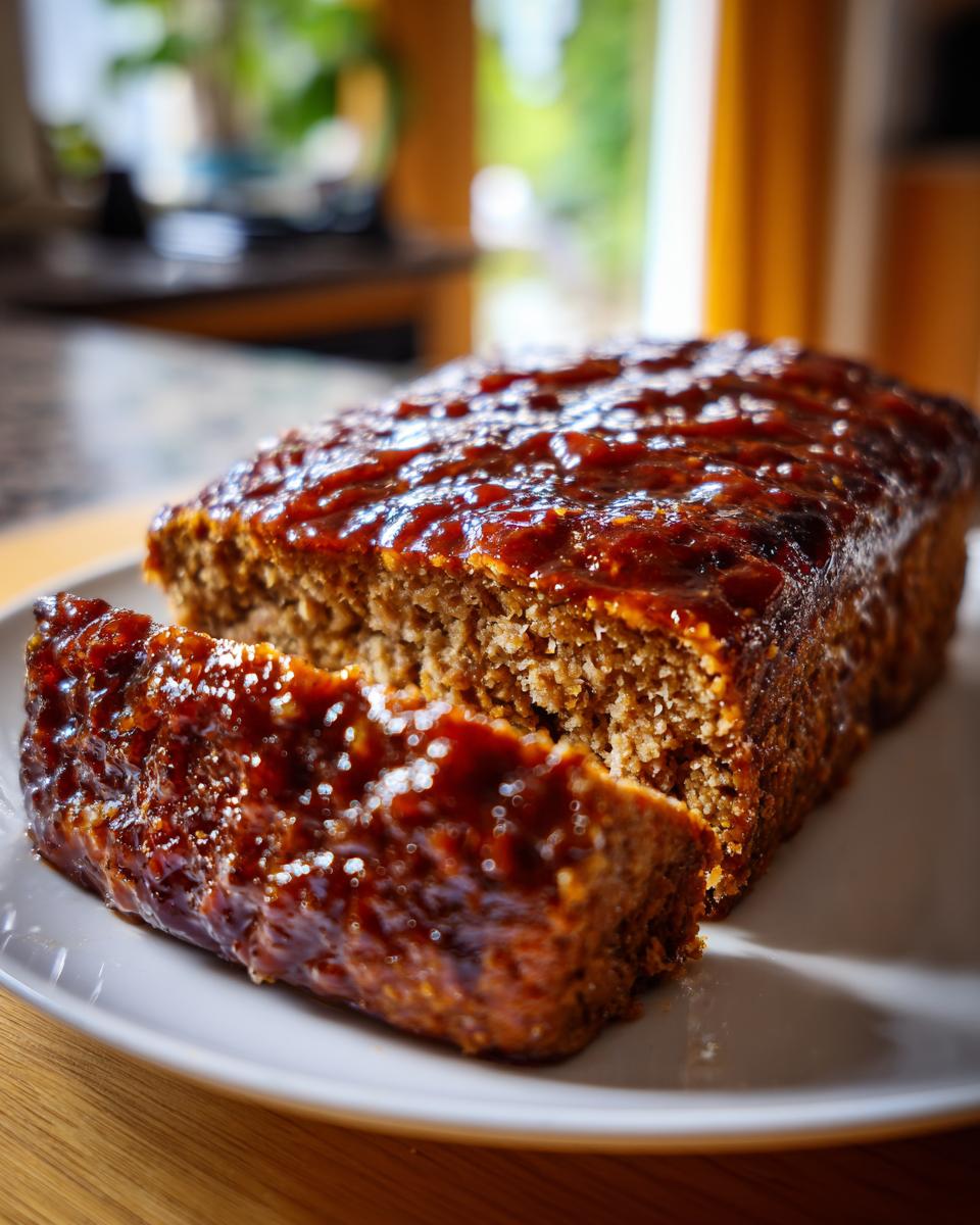 A slice of juicy meatloaf topped with a glossy glaze, served on a white plate.