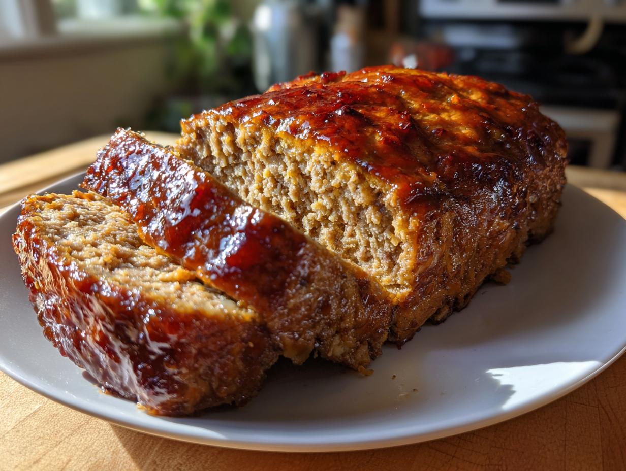 A close-up of a juicy meatloaf, sliced and served on a white plate, topped with a glossy glaze.