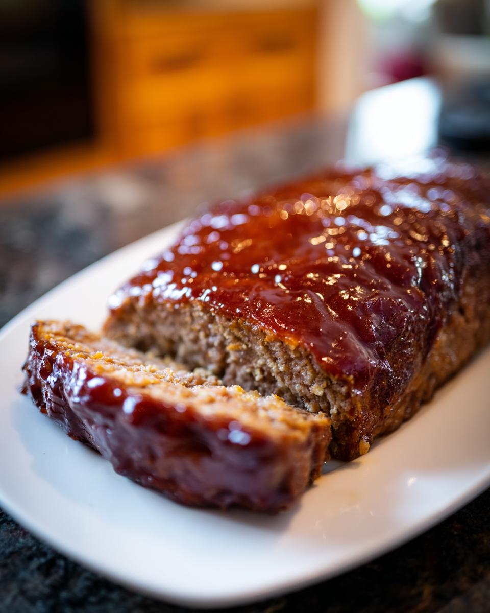 A close-up of a juicy meatloaf, sliced and covered in a glossy, rich glaze.