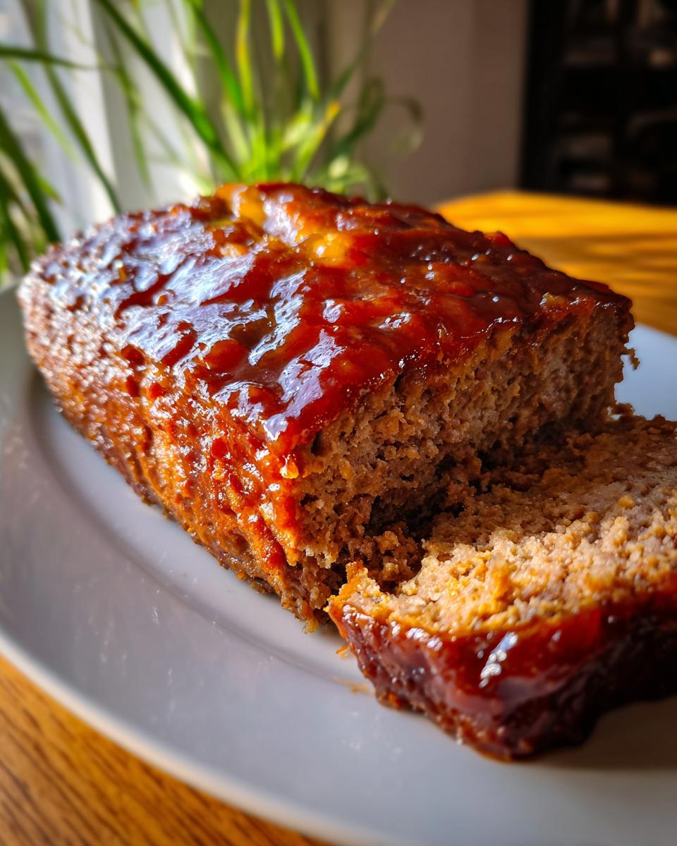 Close-up of a slice of juicy meatloaf topped with a glossy glaze, ready to be served.
