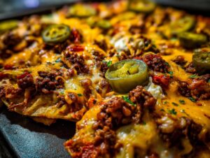 Close-up of loaded nachos topped with seasoned ground beef, melted cheese, and sliced jalapenos.