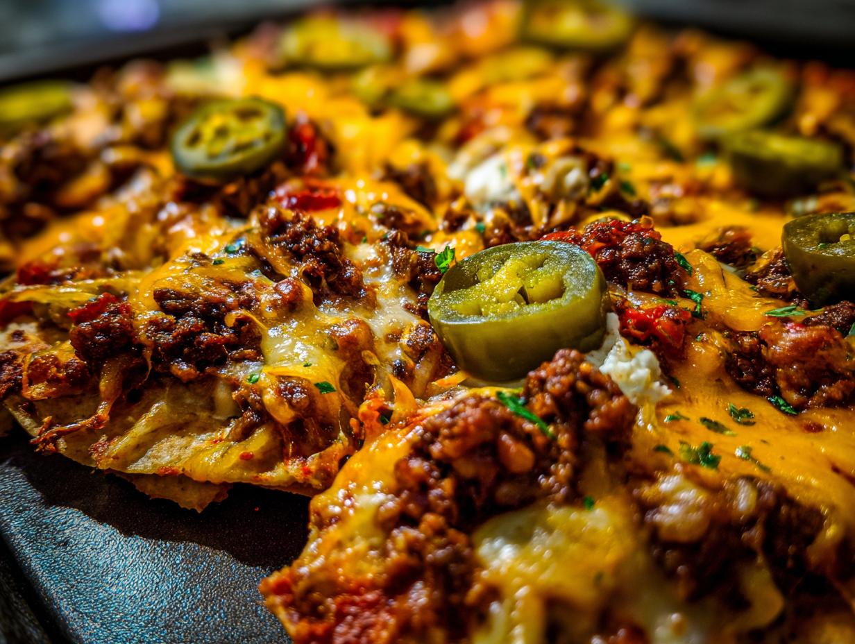Close-up of loaded nachos topped with seasoned ground beef, melted cheese, and sliced jalapenos.