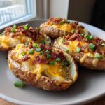 Four loaded potato skins topped with melted cheddar cheese, crispy bacon bits, and fresh green onions.