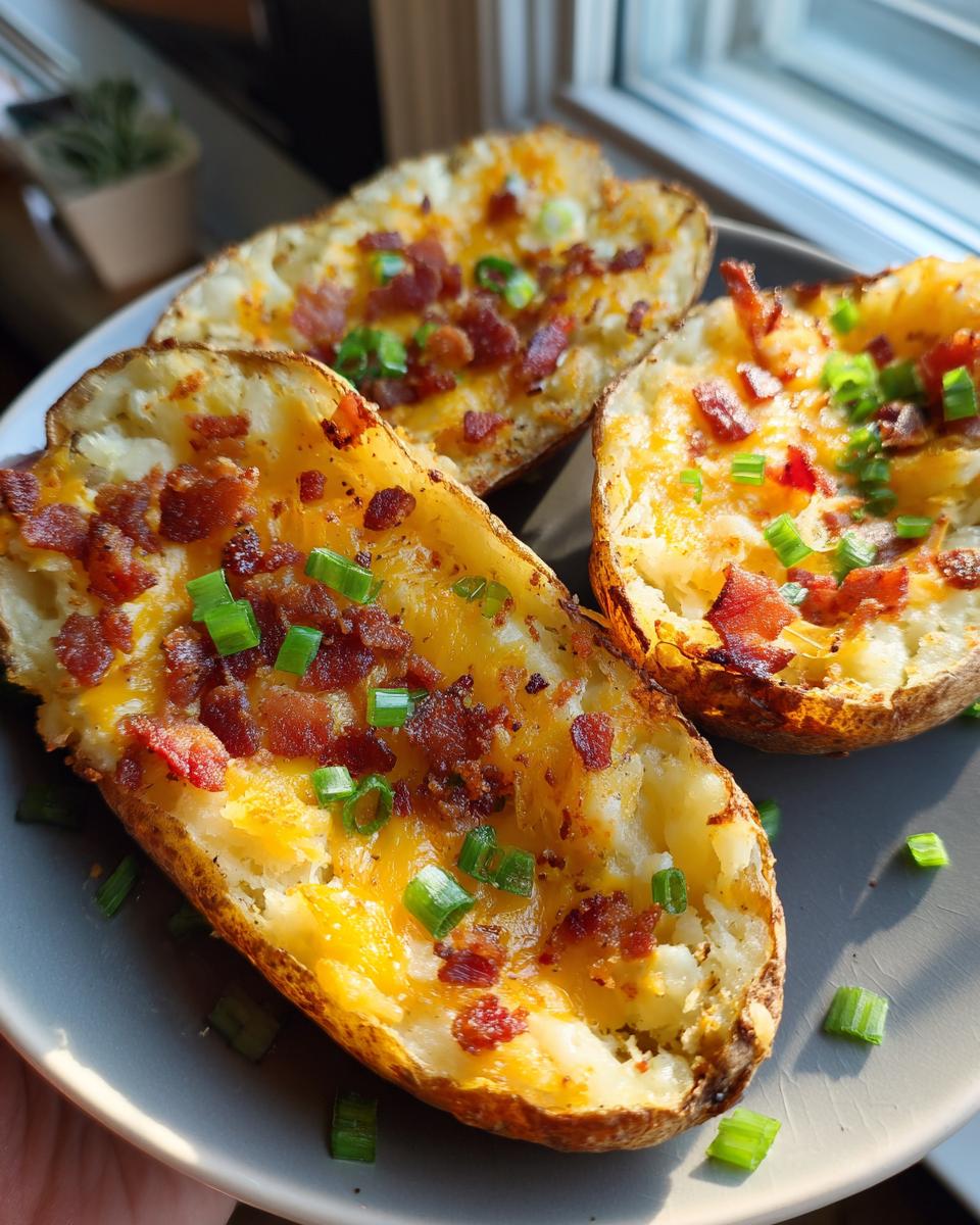 Three loaded potato skins topped with melted cheese, crispy bacon bits, and chopped green onions.
