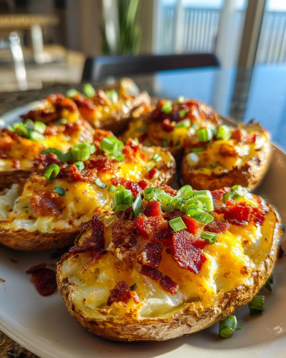 Close-up of loaded potato skins topped with melted cheese, crispy bacon, and chopped green onions.