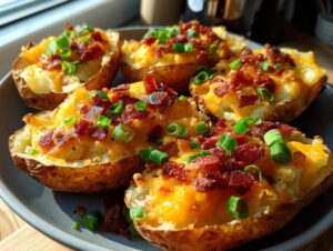 A plate of delicious potato skins loaded with melted cheese, crispy bacon bits, and fresh green onions.