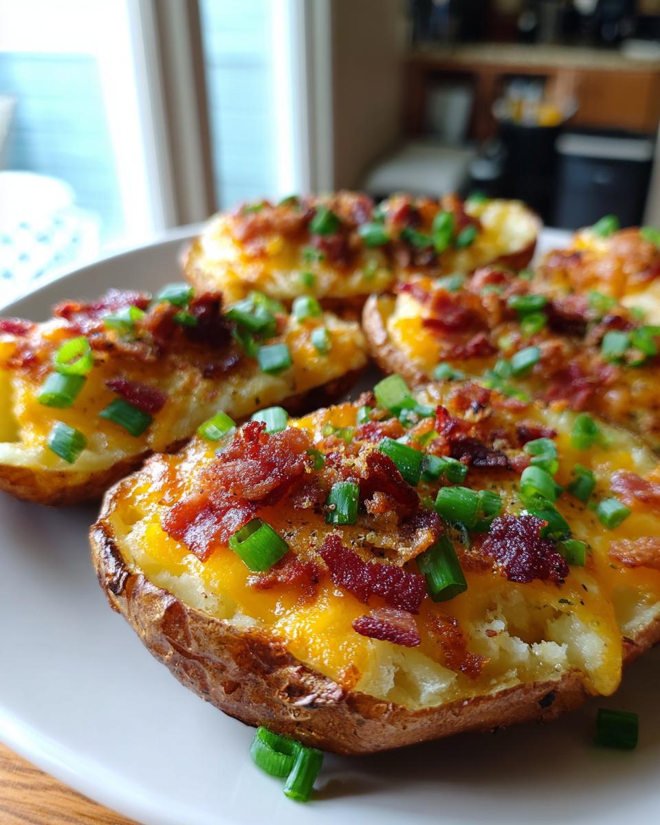 Close-up of crispy potato skins loaded with melted cheddar cheese, crumbled bacon, and fresh green onions.