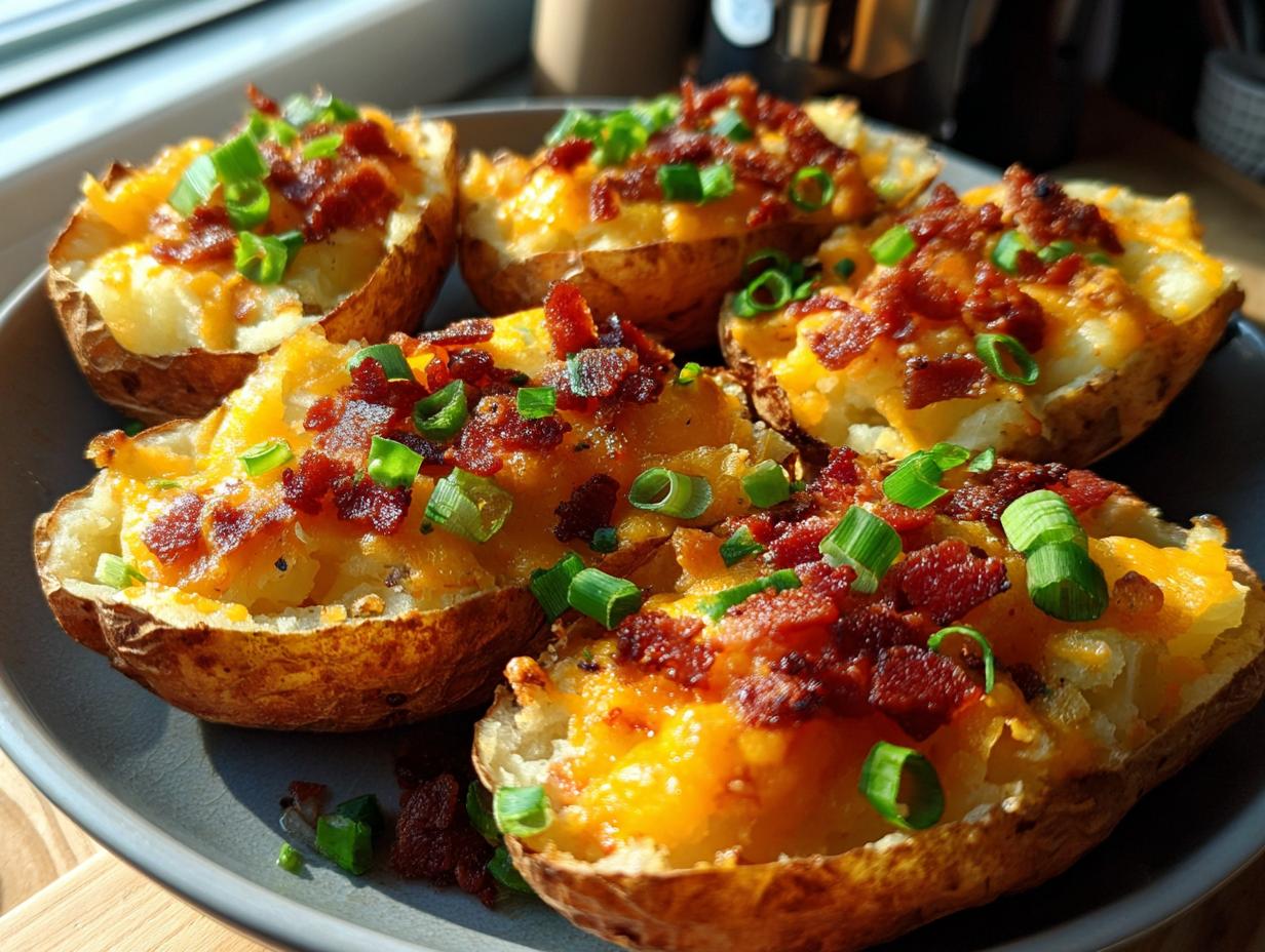 A plate of delicious potato skins loaded with melted cheese, crispy bacon bits, and fresh green onions.