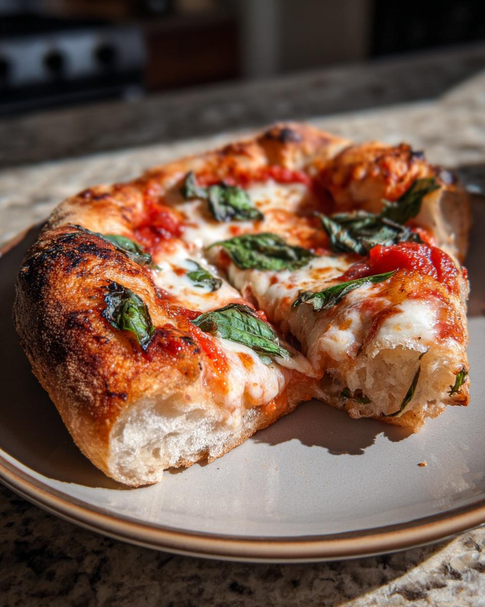 A close-up of a delicious slice of authentic Margherita pizza, featuring melted mozzarella, rich tomato sauce, and fresh basil leaves.