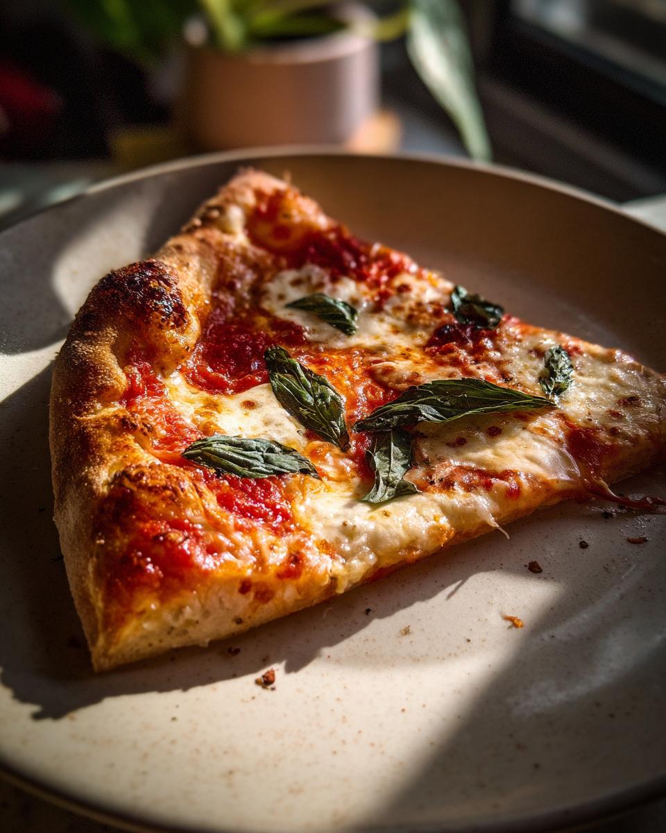 A close-up of a slice of authentic Margherita pizza, featuring melted mozzarella, rich tomato sauce, and fresh basil leaves.