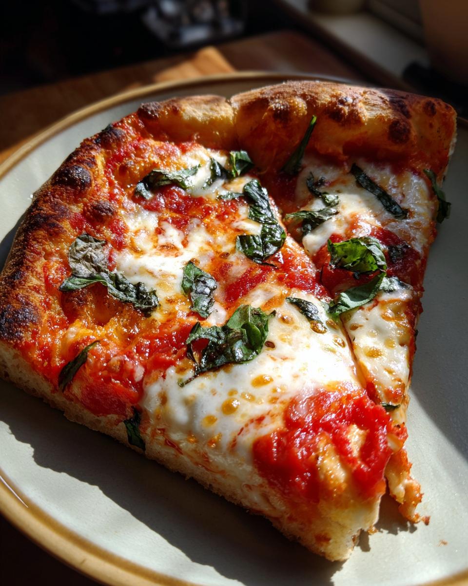 A close-up of a slice of authentic Margherita pizza, featuring melted mozzarella, vibrant tomato sauce, and fresh basil leaves.