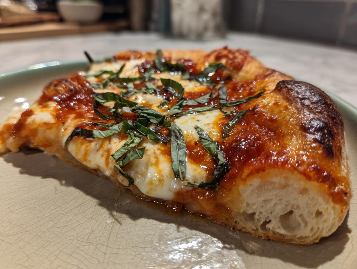 A close-up of a slice of authentic Margherita pizza, featuring melted mozzarella, rich tomato sauce, and fresh basil leaves.