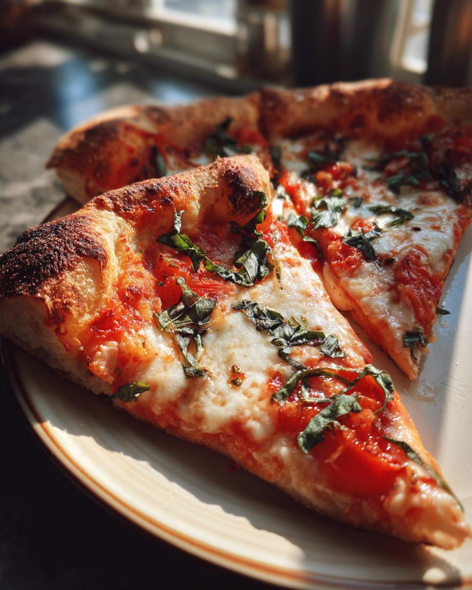 Close-up of two slices of authentic Margherita pizza with fresh basil and melted mozzarella.