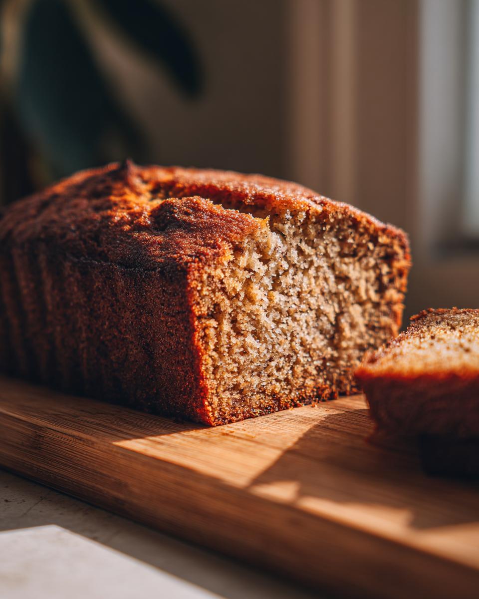 A close-up of a moist banana bread loaf with a slice cut off, resting on a wooden cutting board.