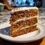 A delicious slice of moist carrot cake with layers of cream cheese frosting and visible shredded carrots.