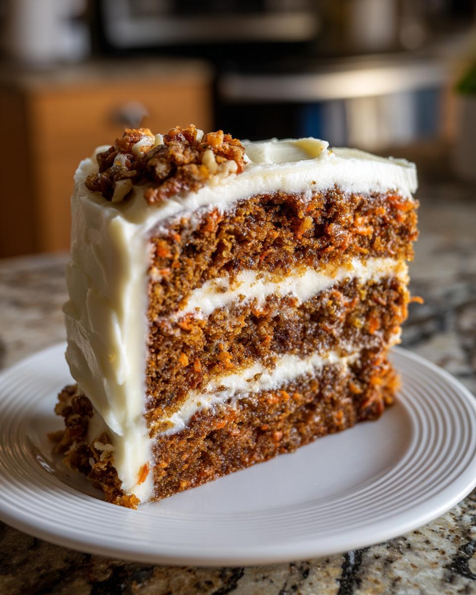 A thick slice of moist carrot cake with cream cheese frosting and a walnut topping.