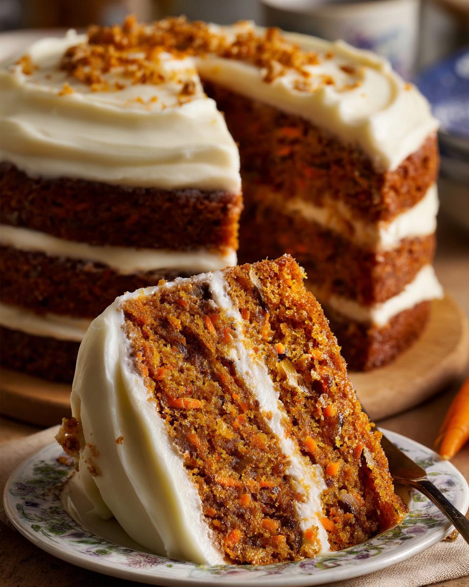 A delicious slice of moist carrot cake with cream cheese frosting, showing layers of cake and frosting.