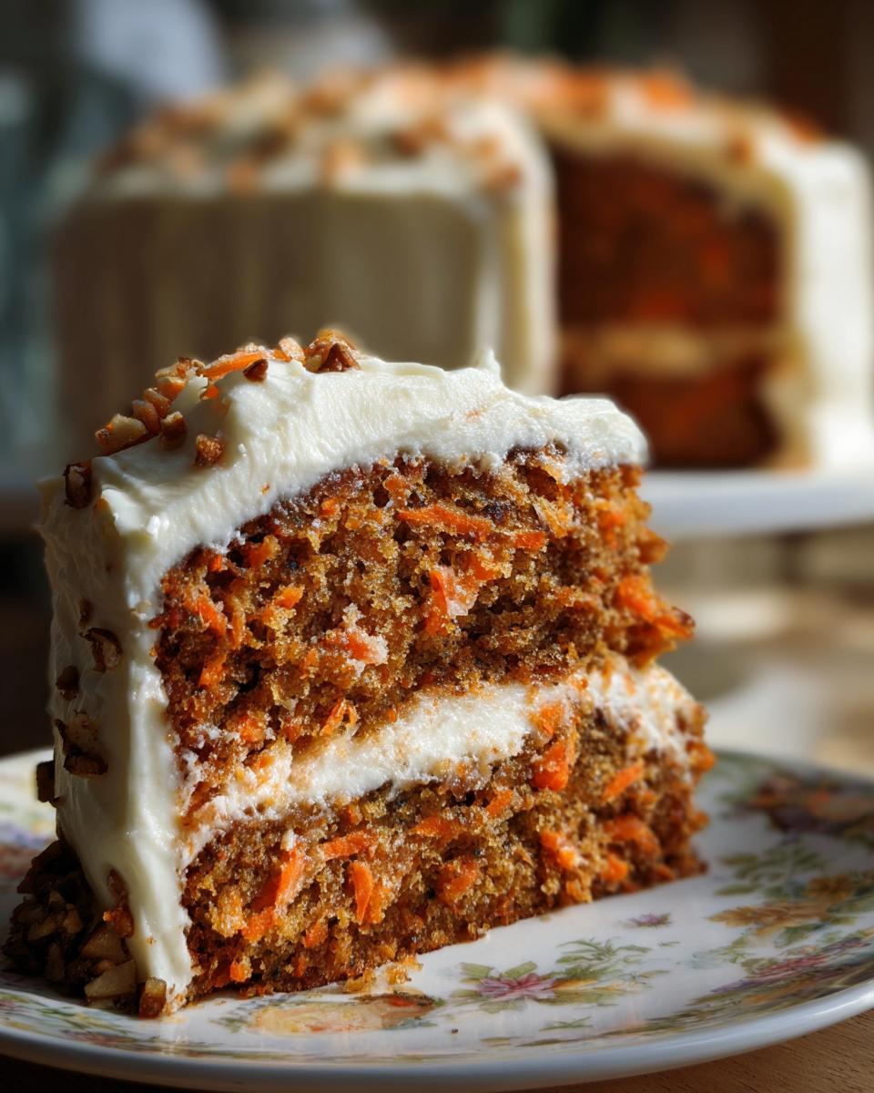 A close-up of a moist slice of carrot cake with cream cheese frosting and chopped nuts.
