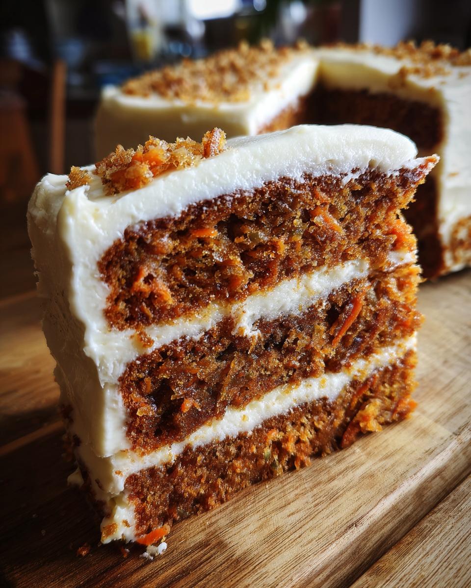 A moist slice of carrot cake with cream cheese frosting and crumbled topping, showcasing layers of cake and frosting.
