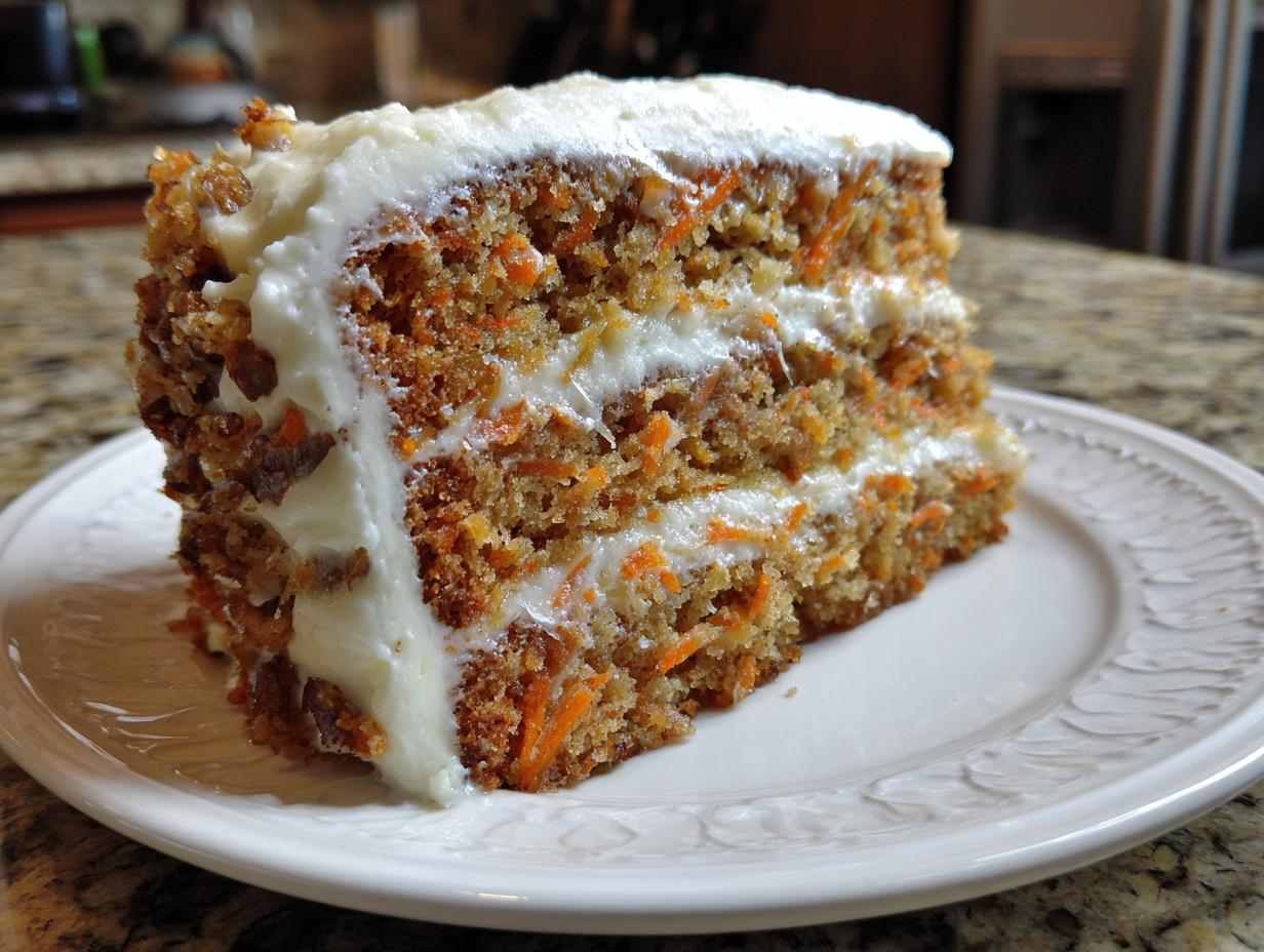 A thick slice of moist carrot cake with layers of cream cheese frosting and visible shredded carrots.