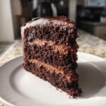 A decadent slice of moist chocolate cake with two layers of rich chocolate frosting.