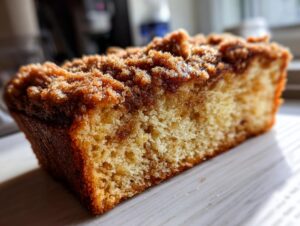 Close-up of a slice of moist coffee cake featuring a generous streusel topping and a tender crumb.