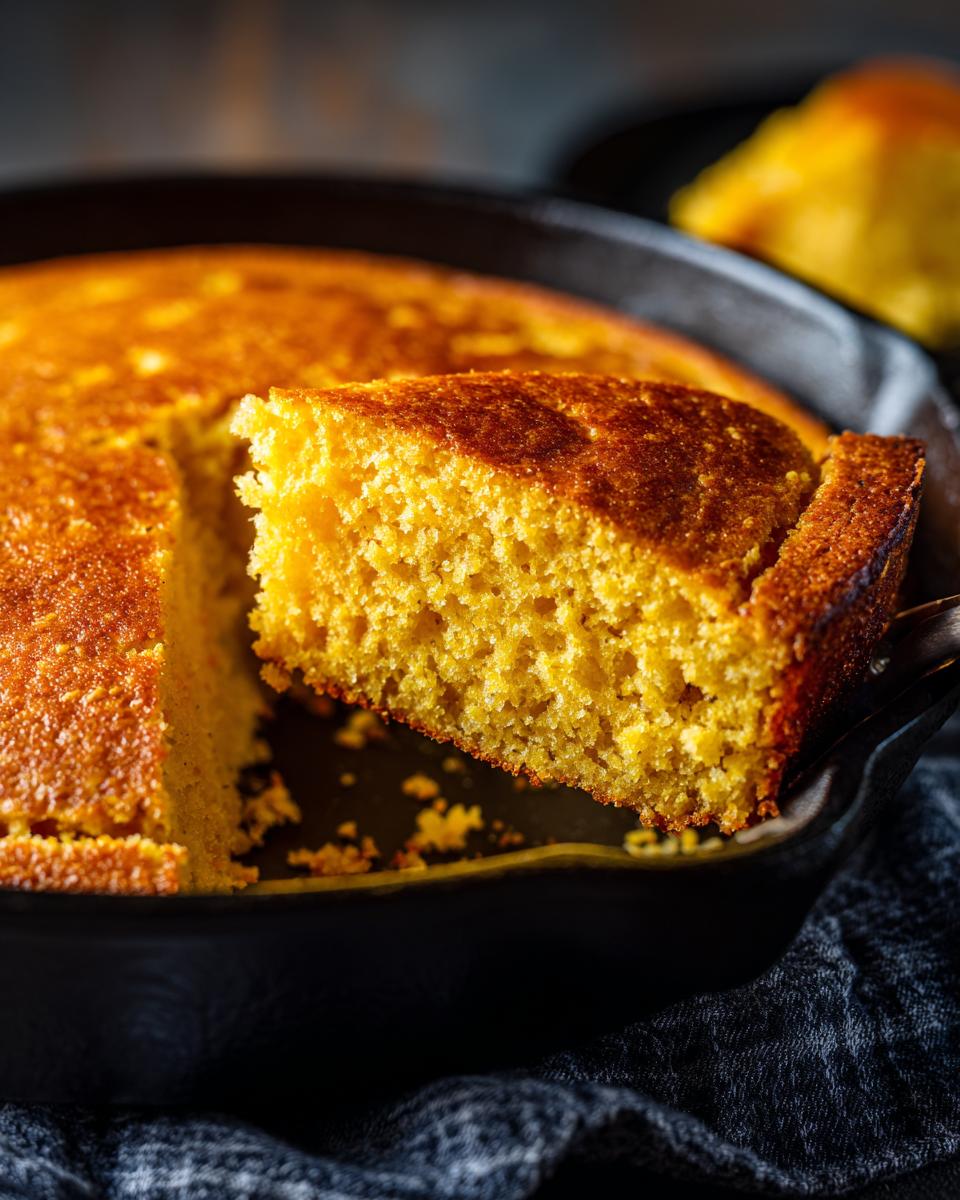 A close-up of a moist, golden slice of cornbread being lifted from a cast iron skillet.