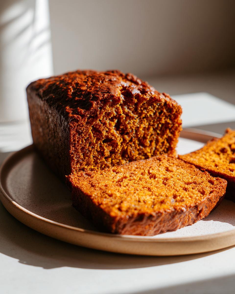 A moist and flavorful pumpkin bread loaf with two slices cut, presented on a plate.