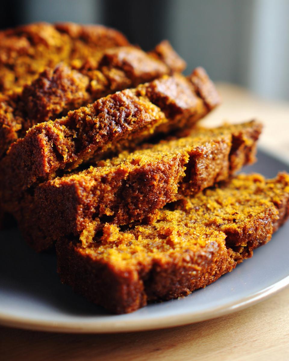 Close-up of moist pumpkin bread slices stacked on a grey plate, showcasing the rich orange color and texture.