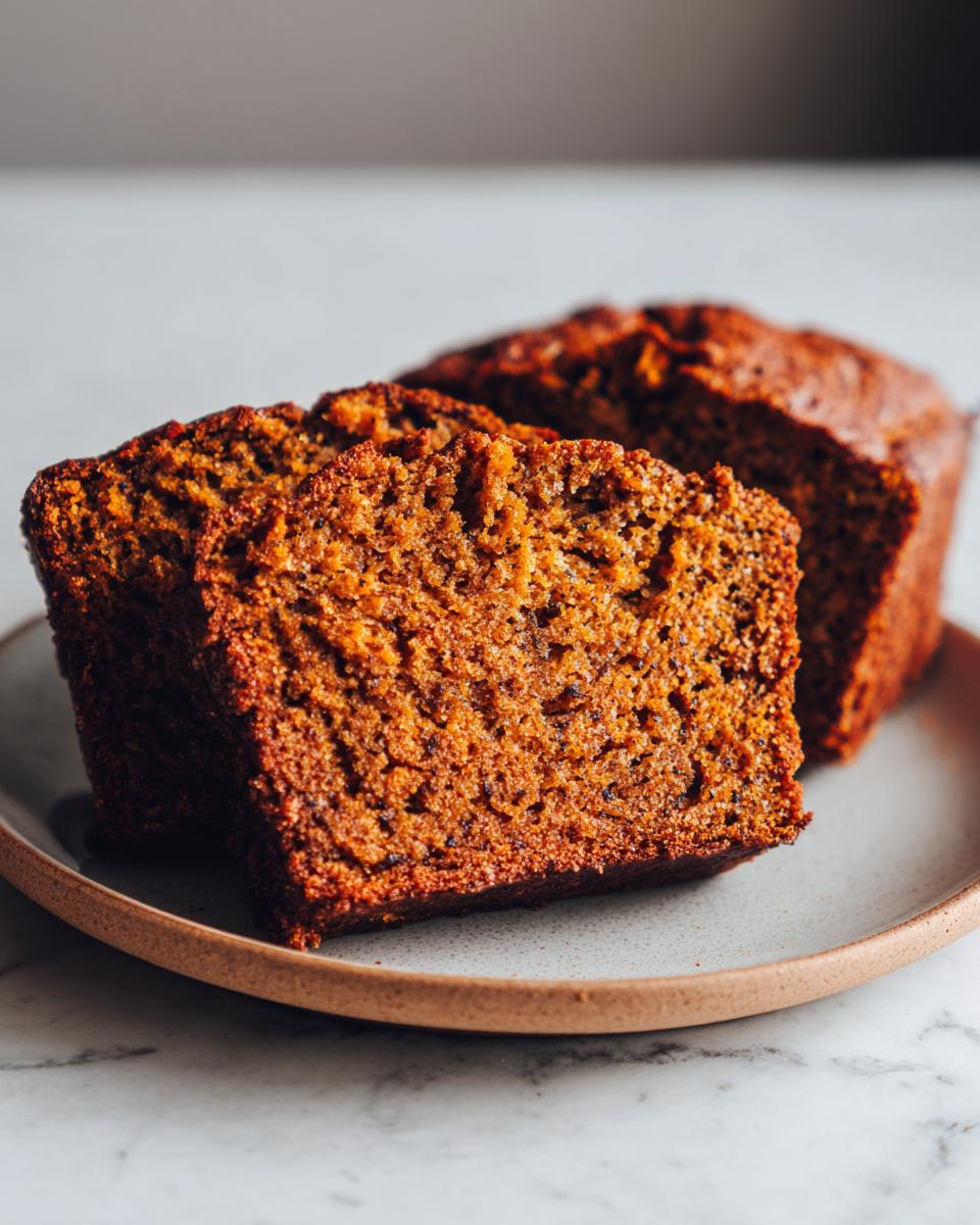Close-up of two moist slices of pumpkin bread on a rustic plate, showcasing its tender crumb.