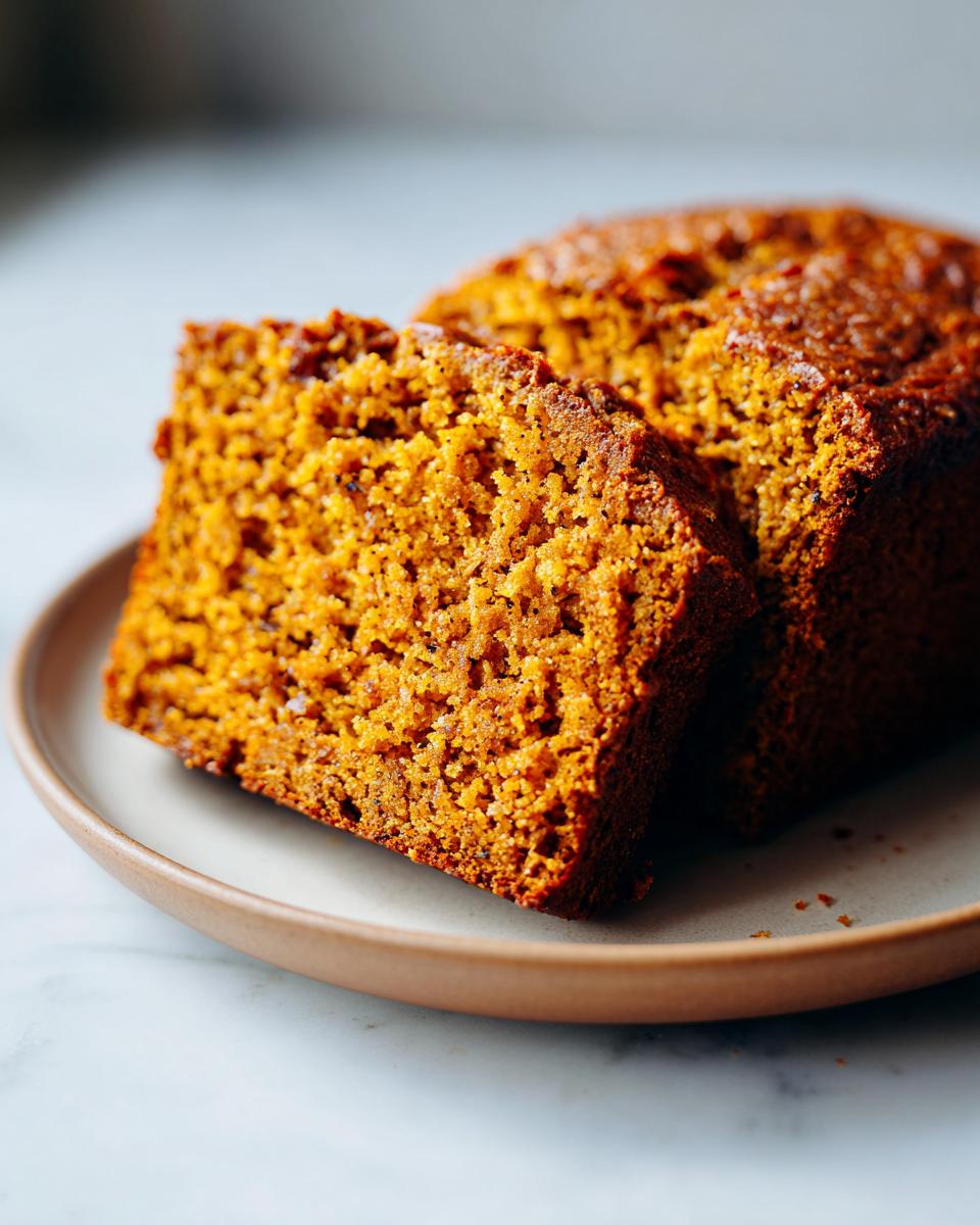 Close-up of two moist slices of pumpkin bread on a plate, showcasing its rich orange color and texture.