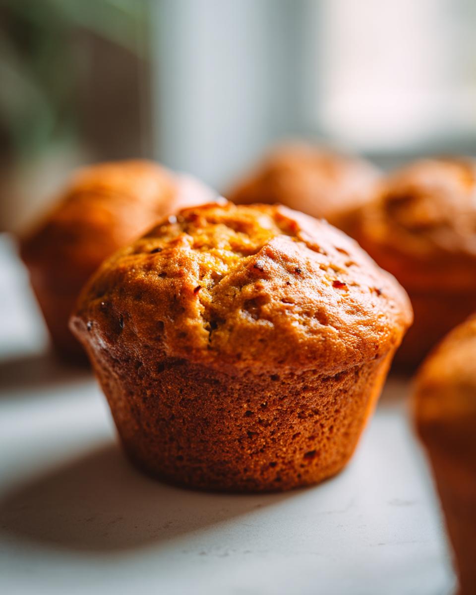Close-up shot of a perfectly baked, moist pumpkin muffin with a golden-brown crust.