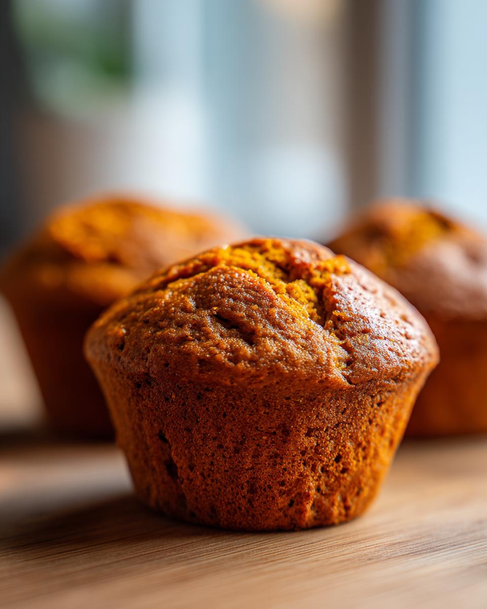 Close-up of three moist pumpkin muffins on a wooden surface, with the front muffin in sharp focus.