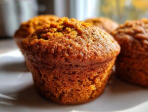 Close-up of a perfectly baked moist pumpkin muffin with a slightly cracked top, showcasing its texture.