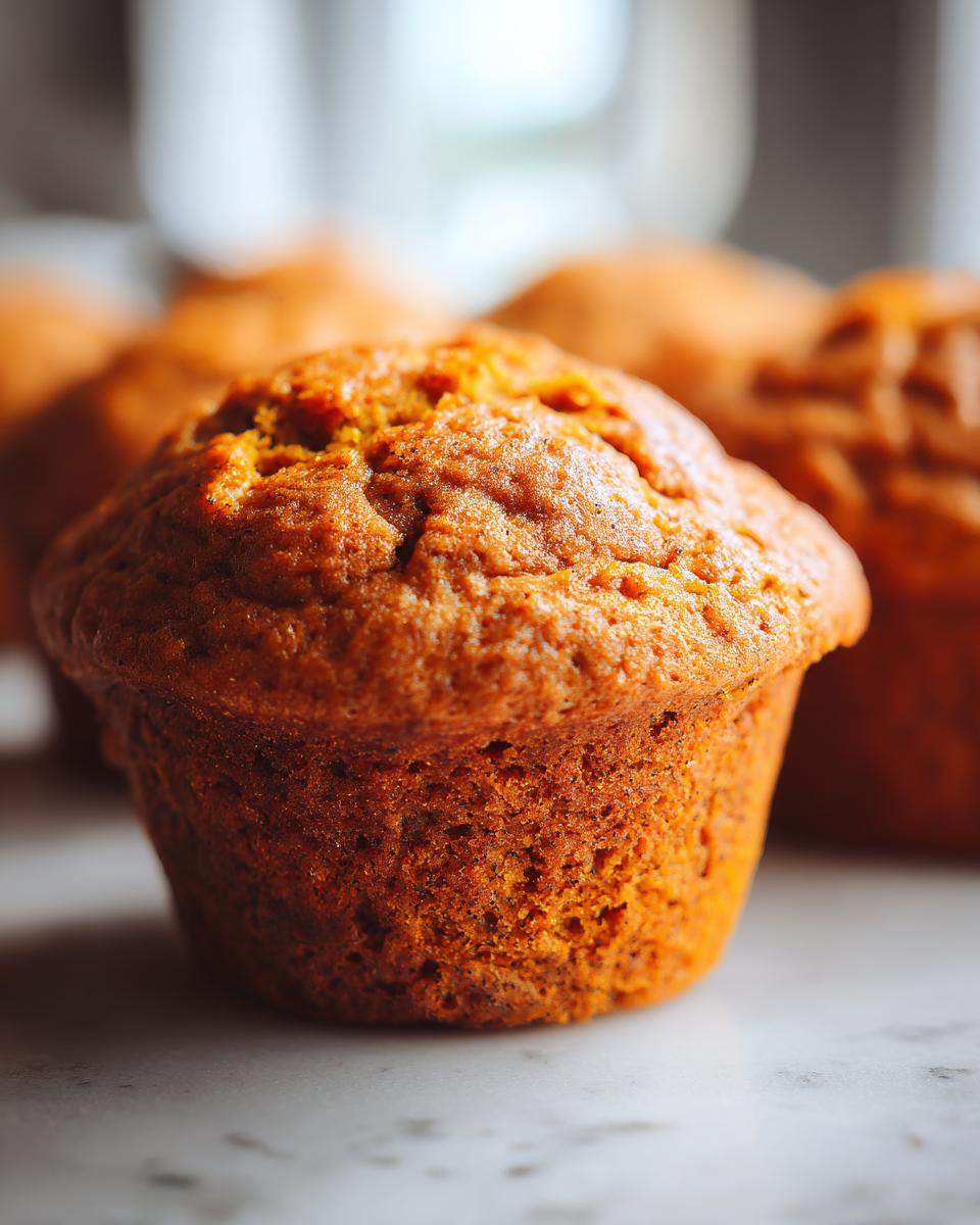 Close-up of a perfectly baked, moist pumpkin muffin with a slightly domed top and a rich orange hue.
