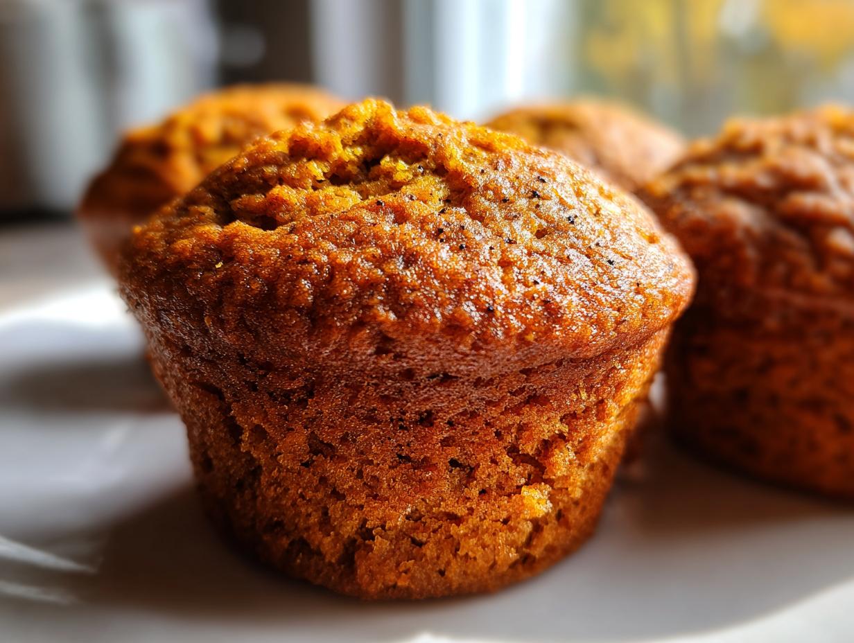 Close-up of a perfectly baked moist pumpkin muffin with a slightly cracked top, showcasing its texture.