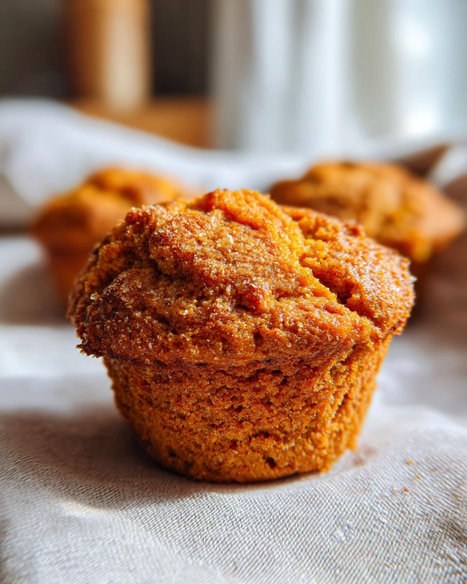 Close-up of a moist pumpkin muffin with a sugar-sprinkled top, with other pumpkin muffins blurred in the background.