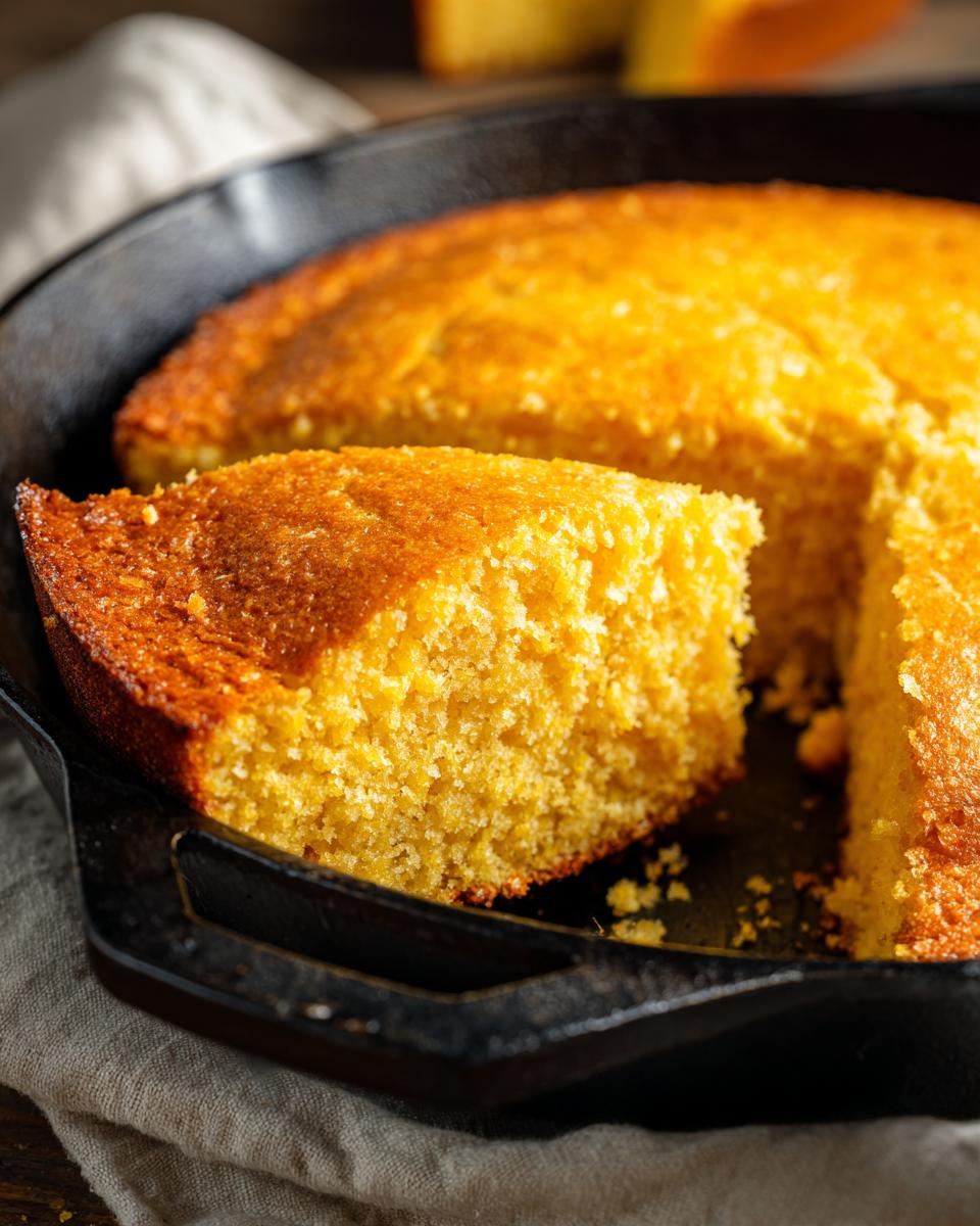 A close-up of a golden, moist slice of sweet cornbread in a cast-iron skillet.