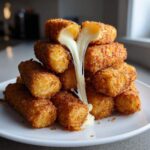 A stack of golden-brown, crispy mozzarella sticks with a gooey cheese pull stretching between them.