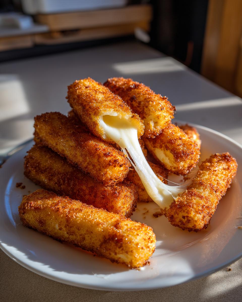 A stack of golden-brown, crispy mozzarella sticks with a gooey cheese pull stretching between them.
