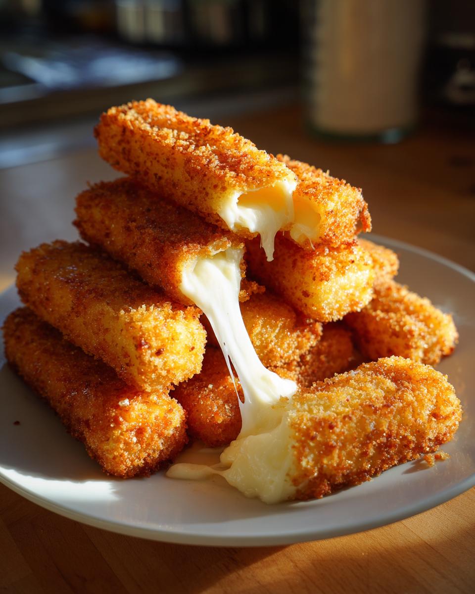 A stack of golden-brown, breaded mozzarella sticks with a gooey cheese pull between them.